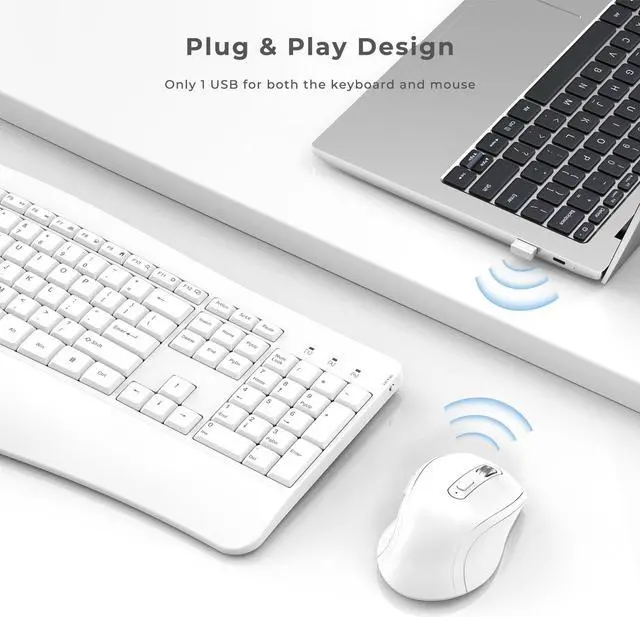 Alt view image 5 of 5 - Ergonomic Keyboard and Mouse Combo - Full Size Keyboard Cordless with Palm Wrist Rest Ergonomic Mouse Wireless for Windows Computers Laptops - White(Upgrade)