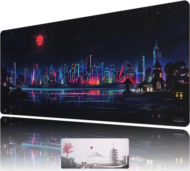 Main image of PhaseByte Extended Gaming Mouse Pad - Non-Slip Gaming Mouse Mat with Stitched Edges - Smooth Micro-Fiber Computer Desk Mat Pad - Hand Washable Gaming Mousepad - 900x400x4mm - Neon City