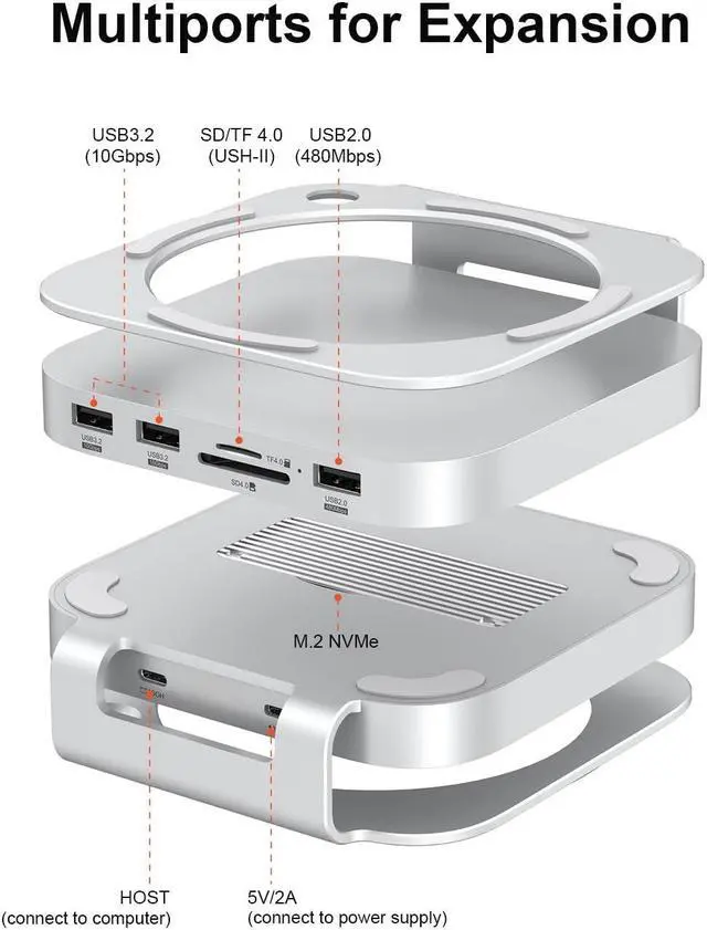 Alt view image 2 of 5 - Qwiizlab Aluminum Stand Hub with SSD Enclosure, Docking Station for Mac Mini M4/M4 Pro, 2 USB-A 10Gbps, TF/SD 4.0 Card Readers 312MB/s, USB-A 2.0, Fits M.2 NVMe SSD up to 8TB (Silver)