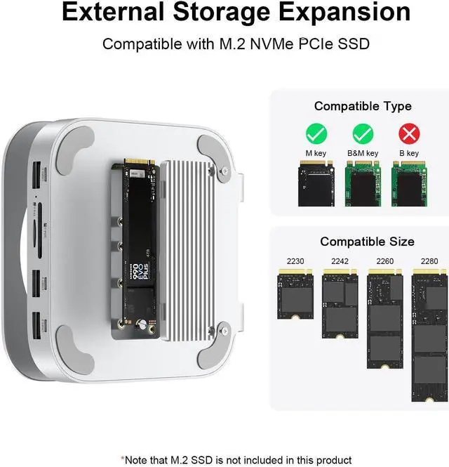Alt view image 3 of 5 - Qwiizlab Aluminum Stand Hub with SSD Enclosure, Docking Station for Mac Mini M4/M4 Pro, 2 USB-A 10Gbps, TF/SD 4.0 Card Readers 312MB/s, USB-A 2.0, Fits M.2 NVMe SSD up to 8TB (Silver)