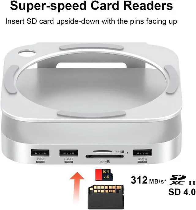 Alt view image 4 of 5 - Qwiizlab Aluminum Stand Hub with SSD Enclosure, Docking Station for Mac Mini M4/M4 Pro, 2 USB-A 10Gbps, TF/SD 4.0 Card Readers 312MB/s, USB-A 2.0, Fits M.2 NVMe SSD up to 8TB (Silver)
