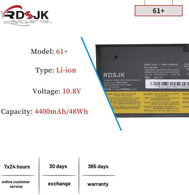 Alt view image 2 of 5 - 01AV425 01AV426 01AV490 01AV491 01AV492 Laptop Battery for Lenovo ThinkPad T470 T570 T480 T580 P51S P52S A475 A485 TP25 Series 61+ 4X50M0881 SB10K97582 SB10K97583 SB10K97585 61 01AV427 61++ 10.8V 48Wh