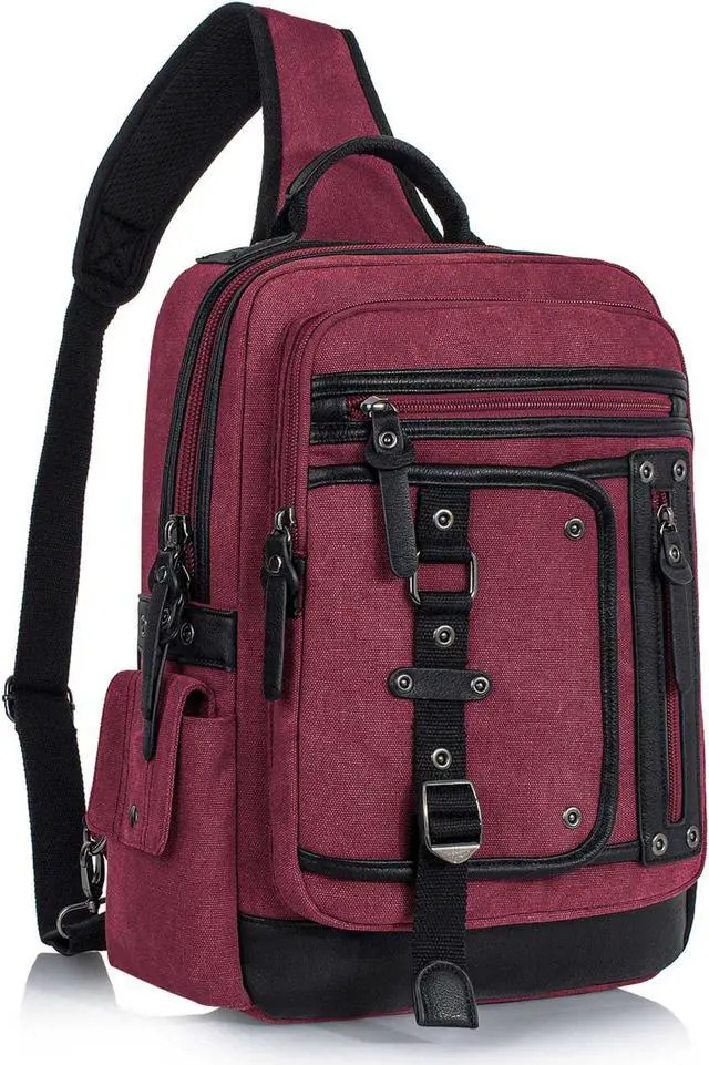 Main image of Schkleier Messenger Bag for Men Canvas Sling Bag Crossbody Backpack Laptop Shoulder Bag Hiking Daypacks Casual Tactical, Wine Red