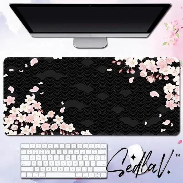 Alt view image 2 of 5 - SEDLAV Large Mouse Pad Pink and Black Cherry Blossom XXL Gaming Desk Pad with Stitched Edges