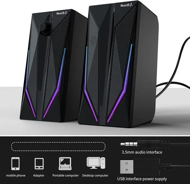Alt view image 5 of 5 - FANEVER Computer Speakers, PC Speaker for Desktop with RGB Lighting 2.0 Stereo Bass Sound, Easy Volume Control, USB Powered and 3.5mm Aux-in for PC, Laptop, Tablet (M200)