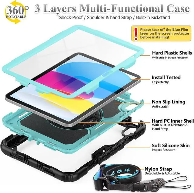 Alt view image 5 of 5 - SEYMAC stock Case for iPad (A16) 11th/10th Generation 11''/10.9'' 2025/2022, Full-Body Drop Protection Case with Screen Protector &360deg Rotate Hand Strap/Stand, Brightblue+Black