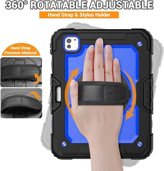 Alt view image 3 of 5 - SEYMAC for iPad Pro 11 Inch Case 2024 (M4), Heavy Duty Shockproof Protective Case with Screen Protector, 360deg Rotating Stand, Hand/Shoulder Strap and Pen Holder for iPad Pro 11 2024, Blue
