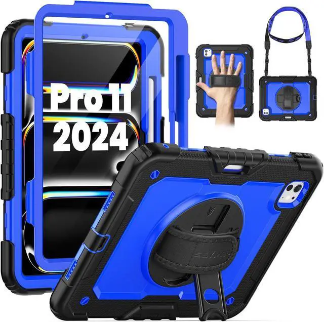 Main image of SEYMAC for iPad Pro 11 Inch Case 2024 (M4), Heavy Duty Shockproof Protective Case with Screen Protector, 360deg Rotating Stand, Hand/Shoulder Strap and Pen Holder for iPad Pro 11 2024, Blue