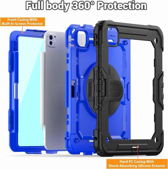 Alt view image 5 of 5 - SEYMAC for iPad Pro 11 Inch Case 2024 (M4), Heavy Duty Shockproof Protective Case with Screen Protector, 360deg Rotating Stand, Hand/Shoulder Strap and Pen Holder for iPad Pro 11 2024, Blue