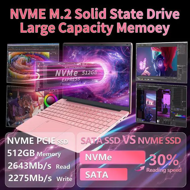 Alt view image 5 of 5 - OMSERVB 15.6" Pink Laptop,12th Gen N95(Up to 3.4Ghz),DDR4 32G RAM, 512GB NVME SSD, Windows 11 Pro &Office 2019,Fingerprint Lock, Portable Notebook PC with Backlit KB (GB, 512)