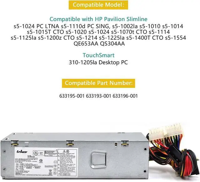 Alt view image 4 of 5 - 220W Power Supply Unit for HP Pavilion Slimline S5 Series, S5-1xxx TouchSmart 310-1205la Desktop PC, PCA222 PCA322 FH-ZD221MGR, 633193-001 633195-001 633196-001