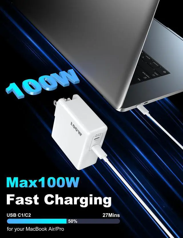 Alt view image 3 of 5 - Mac Book Pro Charger, 100W USB C Fast Charger for MacBook Pro/MacBook Air 16 15 14 13 Inch, iPad Pro, iPhone 16/15 Pro and All USBC Devices, GaN Foldable Power Adapter with 10 FT USB C Charge Cable