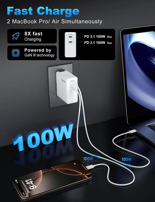 Alt view image 4 of 5 - Mac Book Pro Charger, 100W USB C Fast Charger for MacBook Pro/MacBook Air 16 15 14 13 Inch, iPad Pro, iPhone 16/15 Pro and All USBC Devices, GaN Foldable Power Adapter with 10 FT USB C Charge Cable