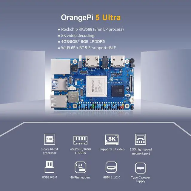 Alt view image 3 of 5 - Orange Pi 5 Ultra 8GB RAM LPDDR5 Rockchip RK3588 Development Board, 8K Video Decoding 2.4GHz Frequency M.2 PCIE 2.5G LAN Wi-Fi 6E+BT 5.3/BLE Single Board Computer (Pi 5 Ultra 8GB)
