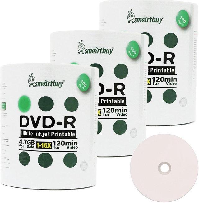 Main image of Smart Buy 300 Pack DVD-R 4.7gb 16x White Printable Inkjet Blank Media Record Disc, 300 Disc 300pk