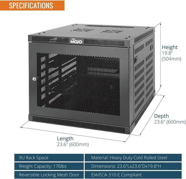 Alt view image 2 of 5 - Tecmojo 9U Wall Mount Rack Cabinet, Heavy-Duty 176 Lbs High Load Capacity, 19" Enclosed Server Network Rack with Mesh Door, 23.6" Deep - Elite Collection