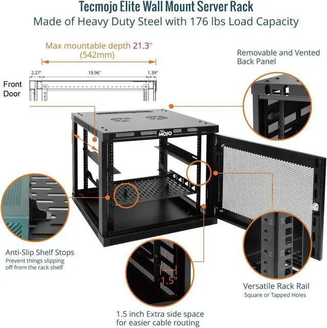 Alt view image 4 of 5 - Tecmojo 9U Wall Mount Rack Cabinet, Heavy-Duty 176 Lbs High Load Capacity, 19" Enclosed Server Network Rack with Mesh Door, 23.6" Deep - Elite Collection