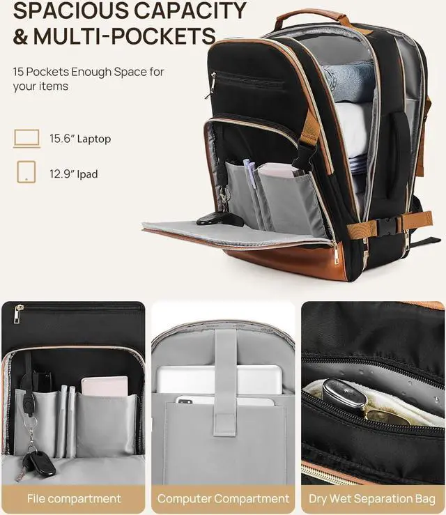 Alt view image 2 of 5 - Telena Travel Backpack for Women, 15.6 inch Laptop Backpack TSA Carry on Backpack Personal Item Size Flight Approved Travel Bag Daypack with Multi-Pockets for Work, Travel, Business, Black-Brown