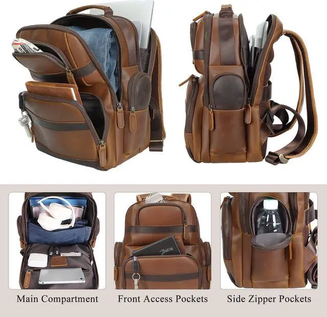 Alt view image 3 of 5 - TIDING Genuine Leather Backpack for Men and Women Vintage 14" Laptop Backpack Work Business Daypacks(Brown)
