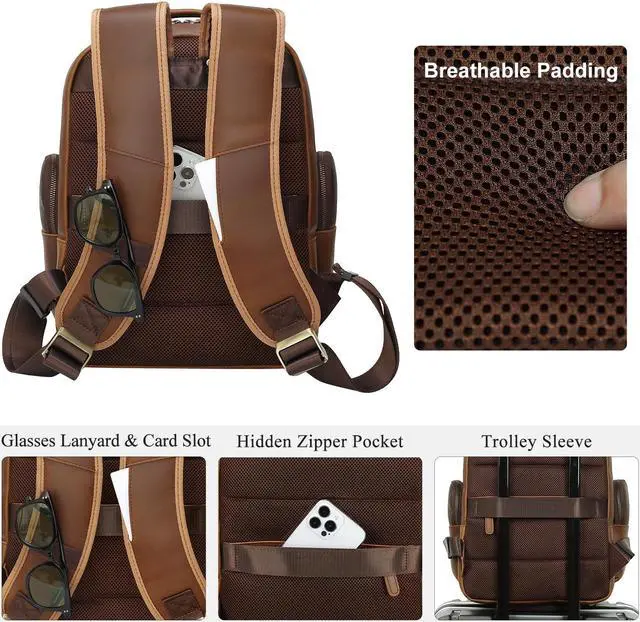 Alt view image 2 of 5 - TIDING Genuine Leather Backpack for Men and Women Vintage 14" Laptop Backpack Work Business Daypacks(Brown)