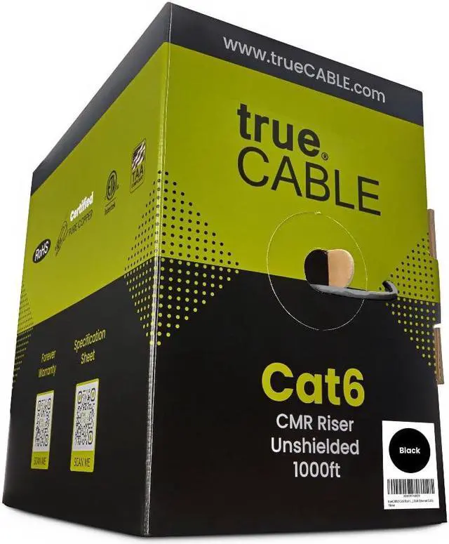 Main image of trueCABLE Cat6 Riser (CMR), 1000ft, Black, 23AWG 4 Pair Solid Bare Copper, 550MHz, PoE++ (4PPoE), ETL Listed, Unshielded Twisted Pair (UTP), Bulk Ethernet Cable