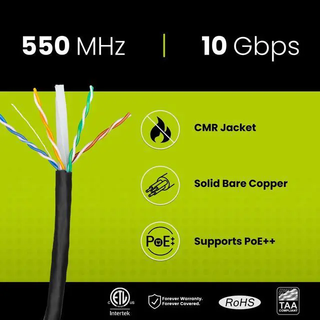 Alt view image 2 of 5 - trueCABLE Cat6 Riser (CMR), 1000ft, Black, 23AWG 4 Pair Solid Bare Copper, 550MHz, PoE++ (4PPoE), ETL Listed, Unshielded Twisted Pair (UTP), Bulk Ethernet Cable