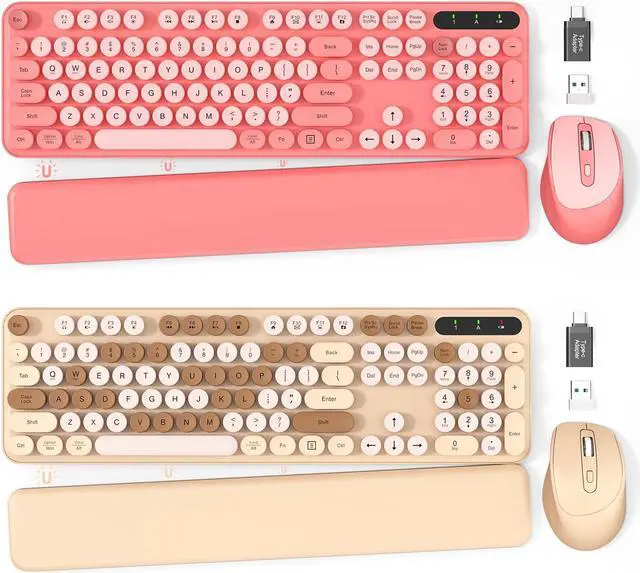 Main image of 2 Pack Wireless Keyboard and Mouse Combo - Cute Typewriter Keyboard with Detachable Wrist Rest, Retro Round Keycaps, Foldable Legs, 2.4GHz Full-Size Keyboard for PC, Laptop, Windows