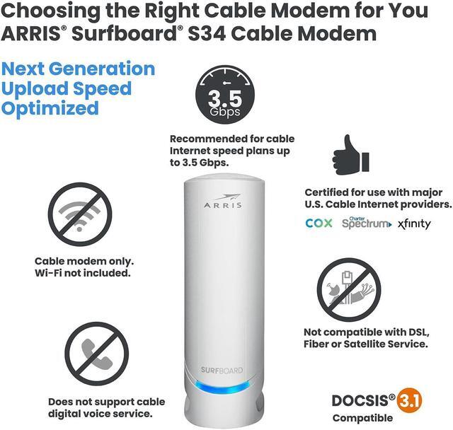 Alt view image 2 of 5 - ARRIS Surfboard S34 DOCSIS 3.1 Multi-Gigabit Cable Modem | Approved for Comcast Xfinity, Cox, Spectrum & More | 2.5 Gbps Max Internet Speeds | Next-Generation Upload Speed Optimized| 2 Year Warranty