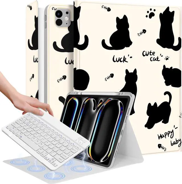 Main image of Wazzasoft for iPad Pro 13 inch Case 2024 M4 with Keyboard - Pencil Holder Folio Tablet Cover Women Girl Cute Kawaii Black Cat Unique Design for Apple Pro 13 A2925 A2926 A3007