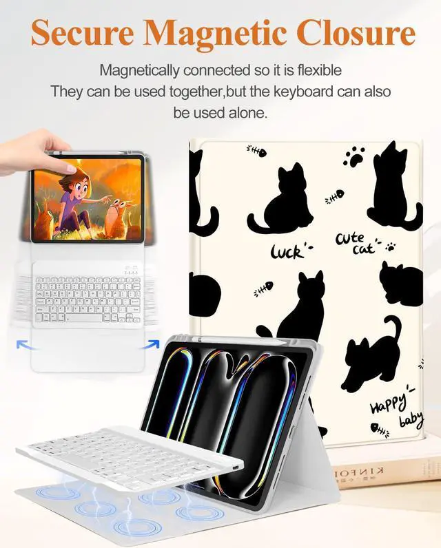 Alt view image 4 of 5 - Wazzasoft for iPad Pro 13 inch Case 2024 M4 with Keyboard - Pencil Holder Folio Tablet Cover Women Girl Cute Kawaii Black Cat Unique Design for Apple Pro 13 A2925 A2926 A3007