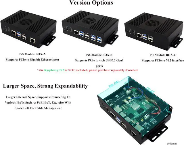 Alt view image 4 of 5 - Multi-Functional All-in-One Mini-Computer Kit Compatible with Raspberry Pi 5, Pi5 PCIe Box Includes Aluminum Alloy Case, PCIe to 4-CH USB3.2 Gen1 Adapter Board, Pi5 HDMI and Type-C Adapter Board