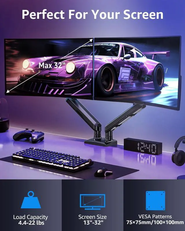 Alt view image 2 of 5 - Dual Monitor Mount for 13-32 inch Screens, Gas Spring Monitor Stand for 2 Monitor, Full Adjustable Monitor Desk Mount with C-Clamp&Grommet Base, Each Arm Holds Max 22 lbs, Freelift Pro Black