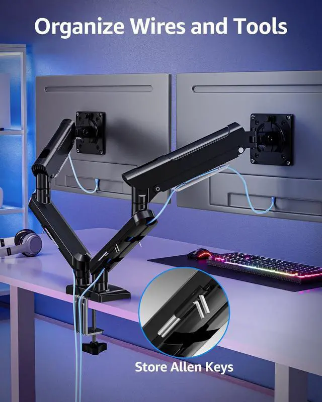 Alt view image 5 of 5 - Dual Monitor Mount for 13-32 inch Screens, Gas Spring Monitor Stand for 2 Monitor, Full Adjustable Monitor Desk Mount with C-Clamp&Grommet Base, Each Arm Holds Max 22 lbs, Freelift Pro Black