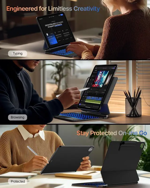 Alt view image 4 of 5 - typecase Edge+ Keyboard Case for 2024 iPad Pro 13-inch (M4), Ultra-Slim Detachable Protective Case, Portrait & Typing Modes, Built-in Trackpad, 11-Color Backlight, Magnetic Stand, Pencil Holder, Black