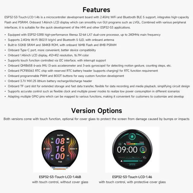 Alt view image 4 of 5 - Waveshare ESP32-S3 1.46inch Round Display Development Board, 412x412, Supports Wi-Fi & BLT, Accelerometer and Gyroscope Sensor, Onboard Speaker and Microphone, Without Protective Cover Glass