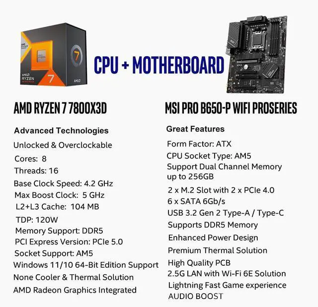 Alt view image 2 of 5 - INLAND Micro Center AMD Ryzen 7 7800X3D 8-Core16-Thread Desktop Processor with MSI PRO B650-P WiFi ProSeries Motherboard (AMD AM5, ATX, DDR5, PCIe 4.0)