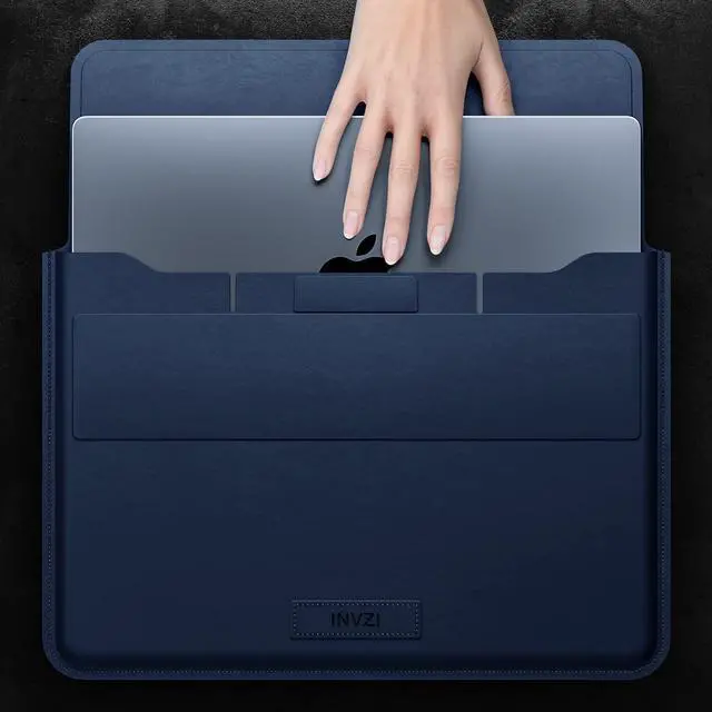 Alt view image 3 of 5 - INVZI MacBook Sleeve, Vegan Leather Bag Compatible with 13"/14" MacBook Air, MacBook Pro M1/M2 2018-2022, Compact Design with Invisible Stand (Midnight Blue)