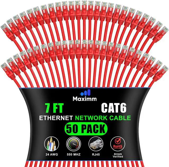 Main image of Maximm Cat 6 Ethernet Cable - 7 ft (50-Pack) - High-Speed LAN, Internet, Patch, and Network Cable - UTP, 10Gbps, 550MHz Ethernet Cord - Red