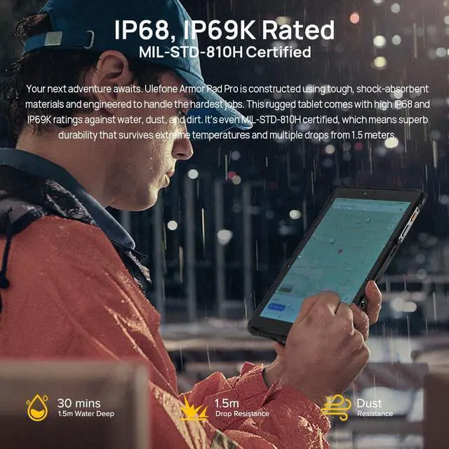 Alt view image 5 of 5 - Ulefone 8 Inch Android 4G Rugged Tablet Armor Pad PRO,16GB+128GB(2TB Expandable) MT8788,48MP+32MP 7650mAh IP68 Tablets, 4G LTE/2.4G+5G WiFi,OTG,GPS,NFC