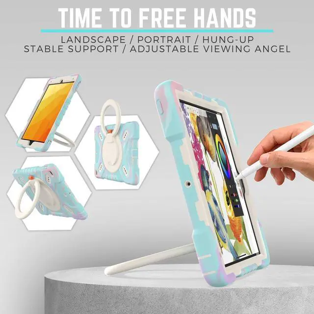 Alt view image 5 of 5 - PEPKOO Triple Shockproof Case for iPad 9th/8th/7th Generation 10.2 inch 2021/2020/2019, Air 3rd Generation 10.5", Rugged Kid Cover with Pencil Holder/Handle Kickstand/Shoulder Strap, Colorful Blue