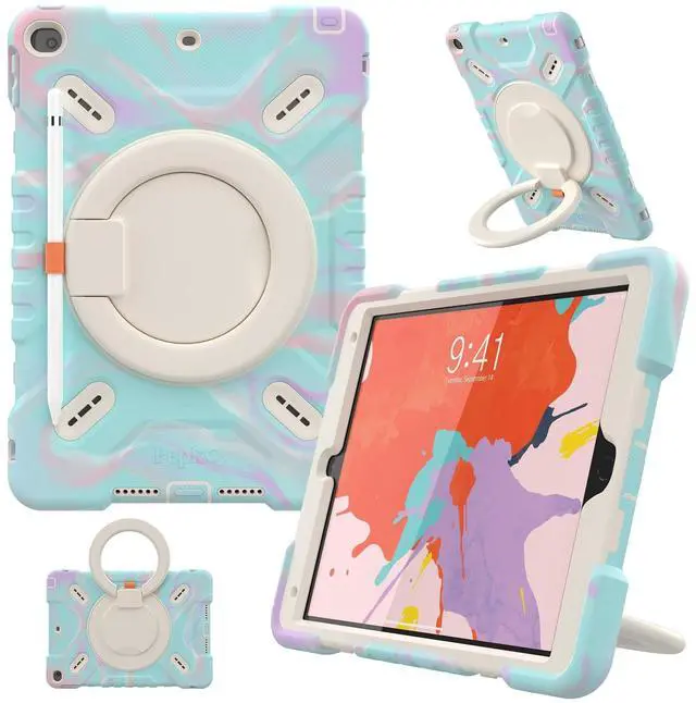 Main image of PEPKOO Triple Shockproof Case for iPad 9th/8th/7th Generation 10.2 inch 2021/2020/2019, Air 3rd Generation 10.5", Rugged Kid Cover with Pencil Holder/Handle Kickstand/Shoulder Strap, Colorful Blue