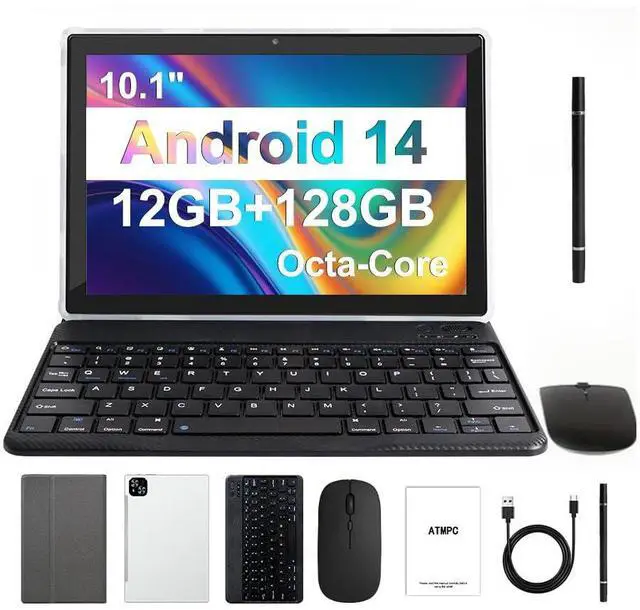 Main image of ATMPC Newest Android 14 Tablet, 10 Inch Tablet 12GB (4+8 Expand) RAM 128GB ROM, 1TB Expandable, Octa-Core 2 in 1 Tablet with Keyboard, Mouse, Stylus, Support WiFi 6, BT5.4, Dual Camera