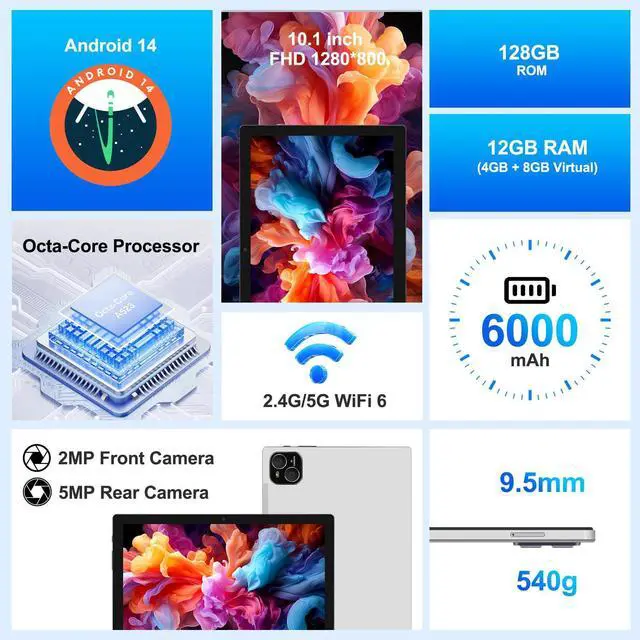 Alt view image 2 of 4 - ATMPC Newest Android 14 Tablet, 10 Inch Tablet 12GB (4+8 Expand) RAM 128GB ROM, 1TB Expandable, Octa-Core 2 in 1 Tablet with Keyboard, Mouse, Stylus, Support WiFi 6, BT5.4, Dual Camera