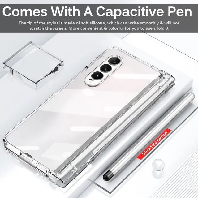 Alt view image 2 of 5 - Miimall for Samsung Galaxy Z Fold 3 Case with Pen, Z Fold 3 Case with S Pen with Pen Holder + Tempered Glass Screen + Luxury Plating PC Cover for Crystal Clear Case for Galaxy Z Fold 3 5G (Clear)