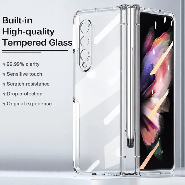 Alt view image 4 of 5 - Miimall for Samsung Galaxy Z Fold 3 Case with Pen, Z Fold 3 Case with S Pen with Pen Holder + Tempered Glass Screen + Luxury Plating PC Cover for Crystal Clear Case for Galaxy Z Fold 3 5G (Clear)