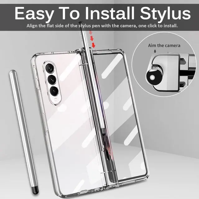 Alt view image 3 of 5 - Miimall for Samsung Galaxy Z Fold 3 Case with Pen, Z Fold 3 Case with S Pen with Pen Holder + Tempered Glass Screen + Luxury Plating PC Cover for Crystal Clear Case for Galaxy Z Fold 3 5G (Clear)