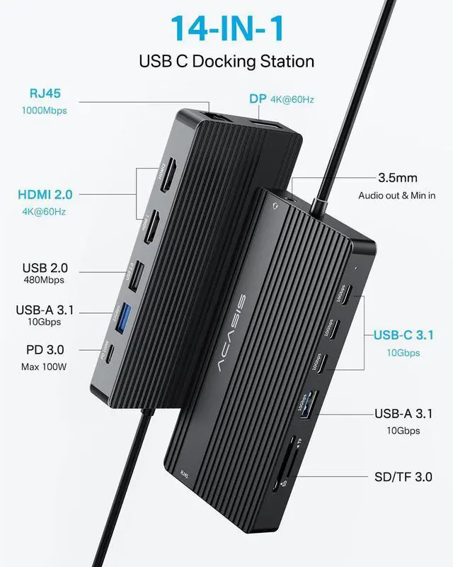 Alt view image 2 of 5 - USB C Docking Station Dual Monitor, 14 in 1 USB C Hub, Adapter with 2 HDMI+DP(4K60Hz), Ethernet, 3 USBC 10G,100W PD, SD/TF, Audio, Laptop Docking Station for Dell/HP/Lenovo/ThinkPad/Surface (Black)