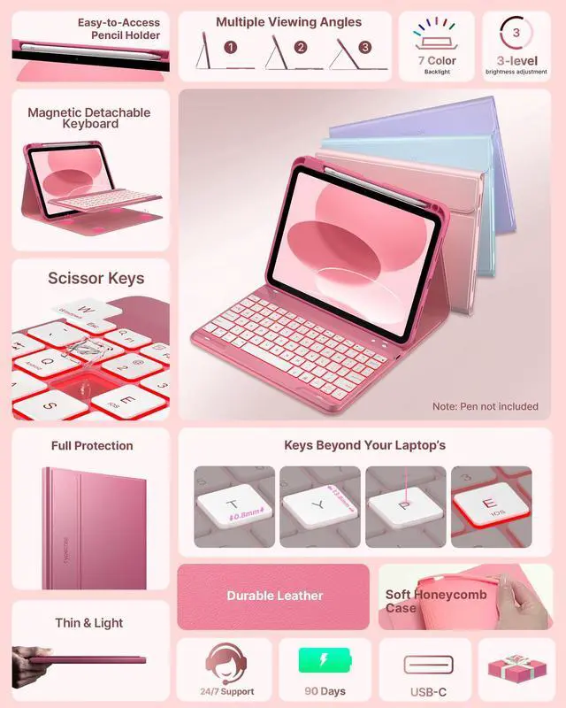 Alt view image 3 of 5 - typecase Folio Keyboard Case for iPad 10th Gen 10.9 inch (2022) and iPad 11th (A16, 2025), Magnetic Wireless Detachable Keyboard, 7-Color Backlight, Thin & Light, Pencil Holder - Pink
