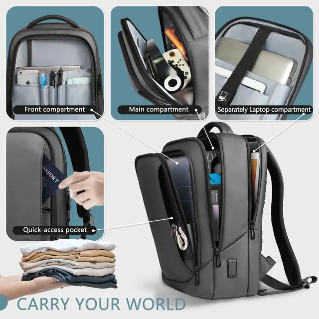 Alt view image 3 of 5 - hk Laptop Backpack for Men with USB Charging Port Water-Resistant for 15.6 Inch Computer Bag Durable High-Tech Daypack Casual Backpack for Business Work College Weekender Travel- Dark Grey