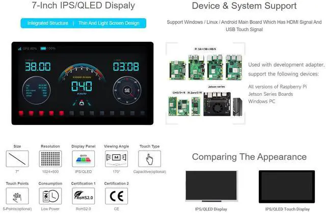 Alt view image 4 of 5 - waveshare 7inch IPS Integrated Display Compatible with Raspberry Pi 5/4B/3B+/3B/2B/B+/A+/Zero/Zero W/WH/Zero 2W Supports Jetson Nano and Windows PC 1024 x 600 Resolution with Touch with Accessories